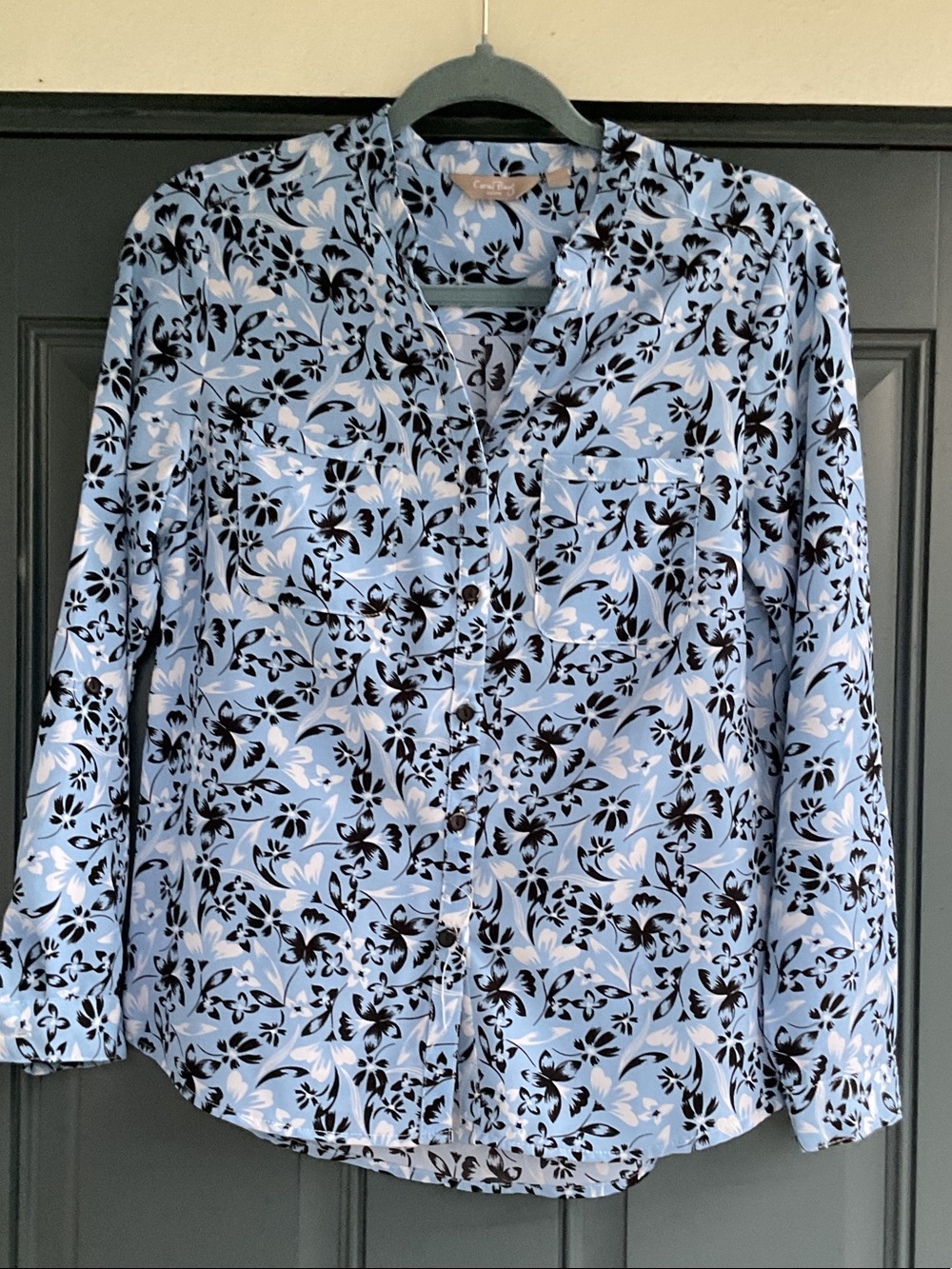 Coral Bay Light Blue and Black Floral Button-Down Blouse, Size PM